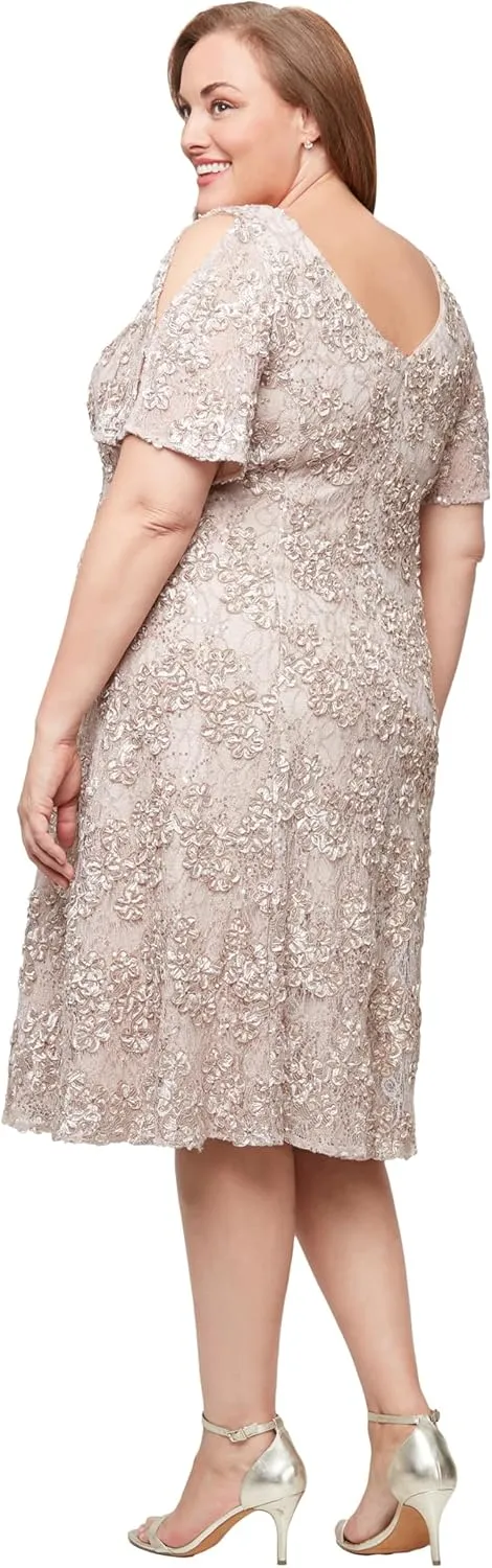 Alex Evenings Women's V-Neck Midi Stretch Lace & Sequin Formal Dress with Cold Shoulder Flutter Sleeves (Plus Size)
