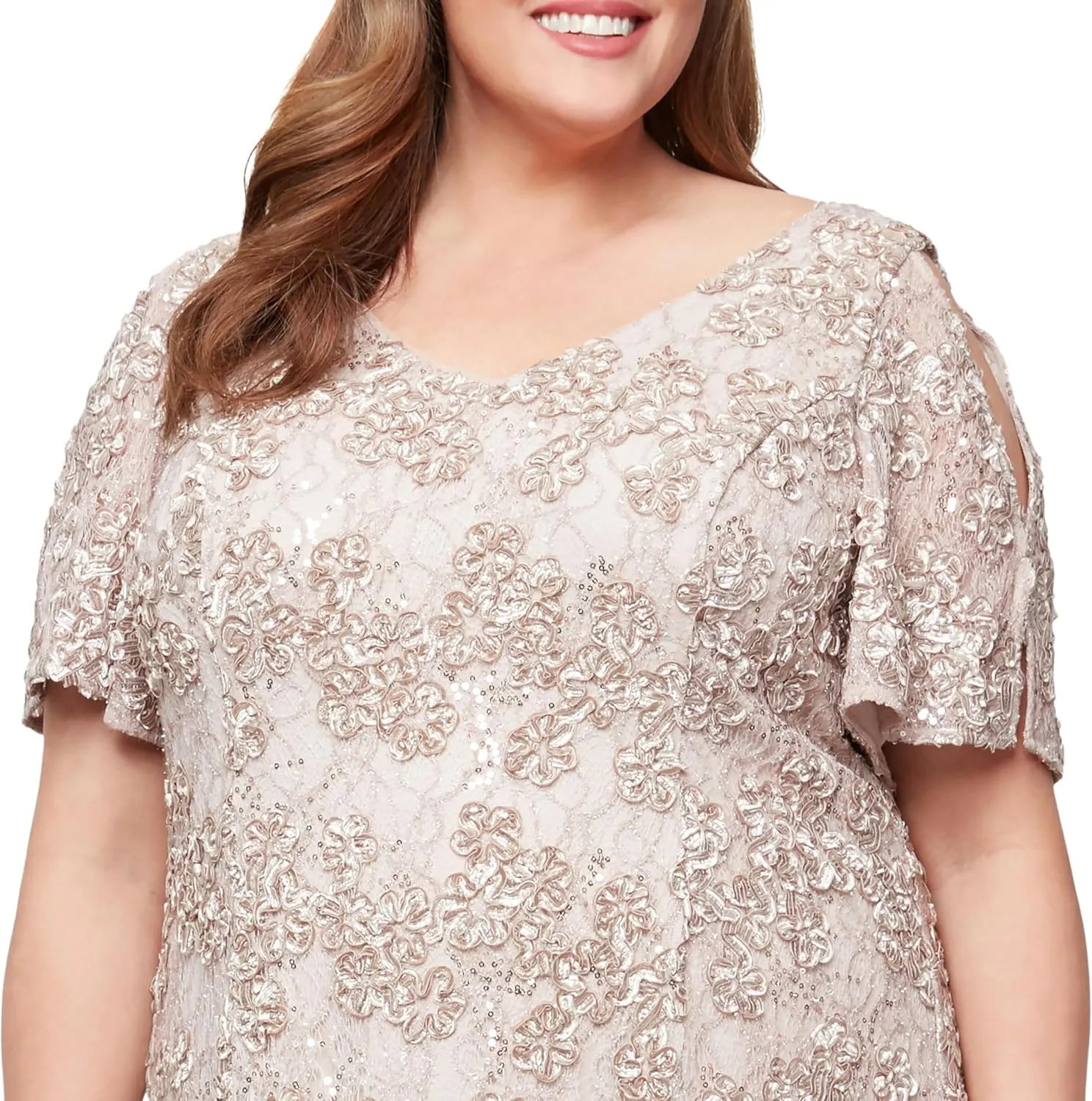 Alex Evenings Women's V-Neck Midi Stretch Lace & Sequin Formal Dress with Cold Shoulder Flutter Sleeves (Plus Size)