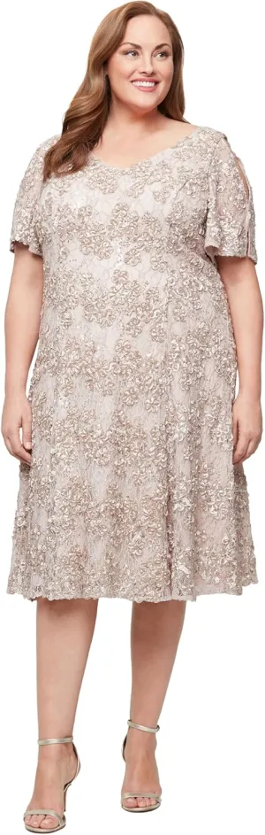 Alex Evenings Women's V-Neck Midi Stretch Lace & Sequin Formal Dress with Cold Shoulder Flutter Sleeves (Plus Size)
