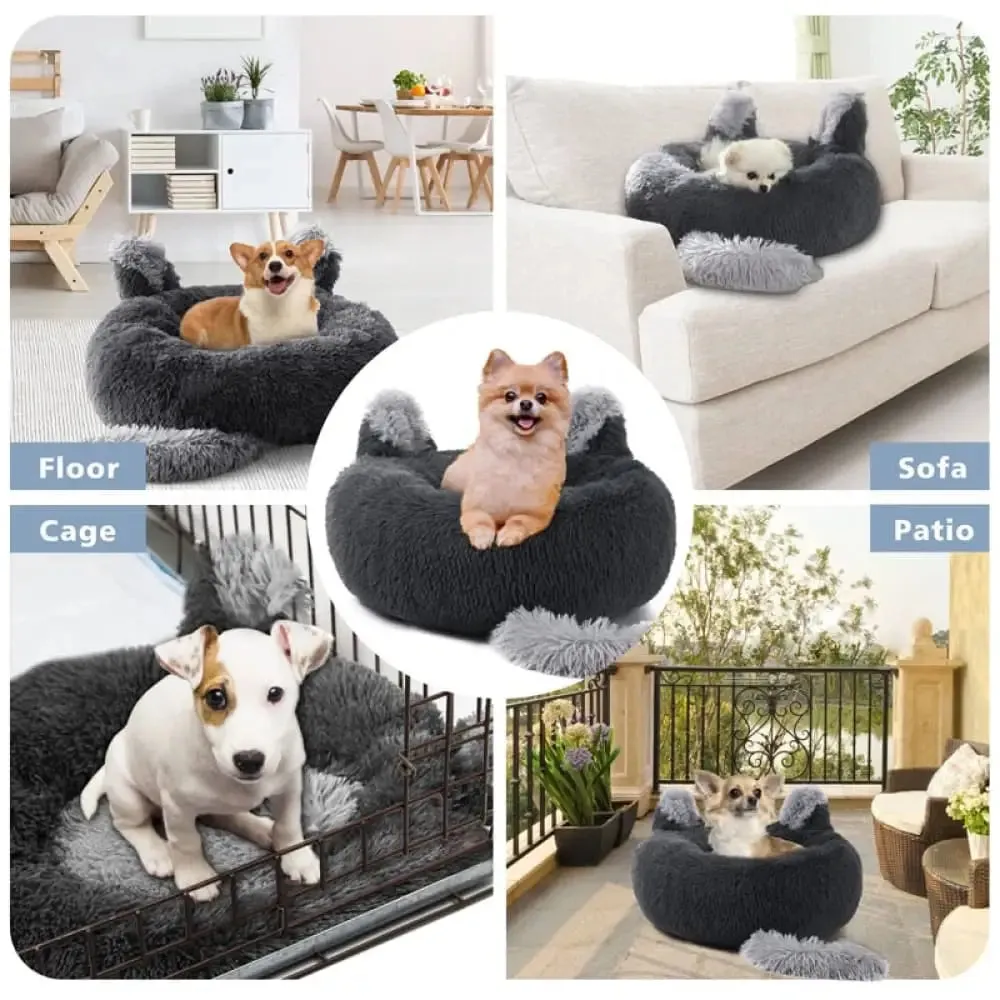 Anti Anxiety Fluffy Washable Calming Round Donut Pet Bed for Small, Medium Dogs