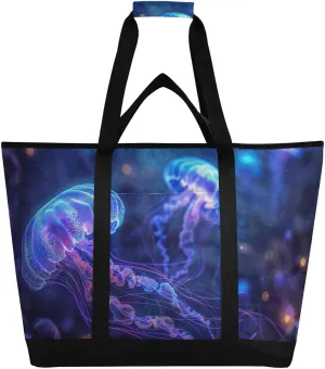 Artistic Jellyfish Blue Large Insulated Tote Bag for Grocery Shopping Reusable Tote Bags for Women Men, Cooler Bag with Zippered Top & Handles for Beach Picnic Travel