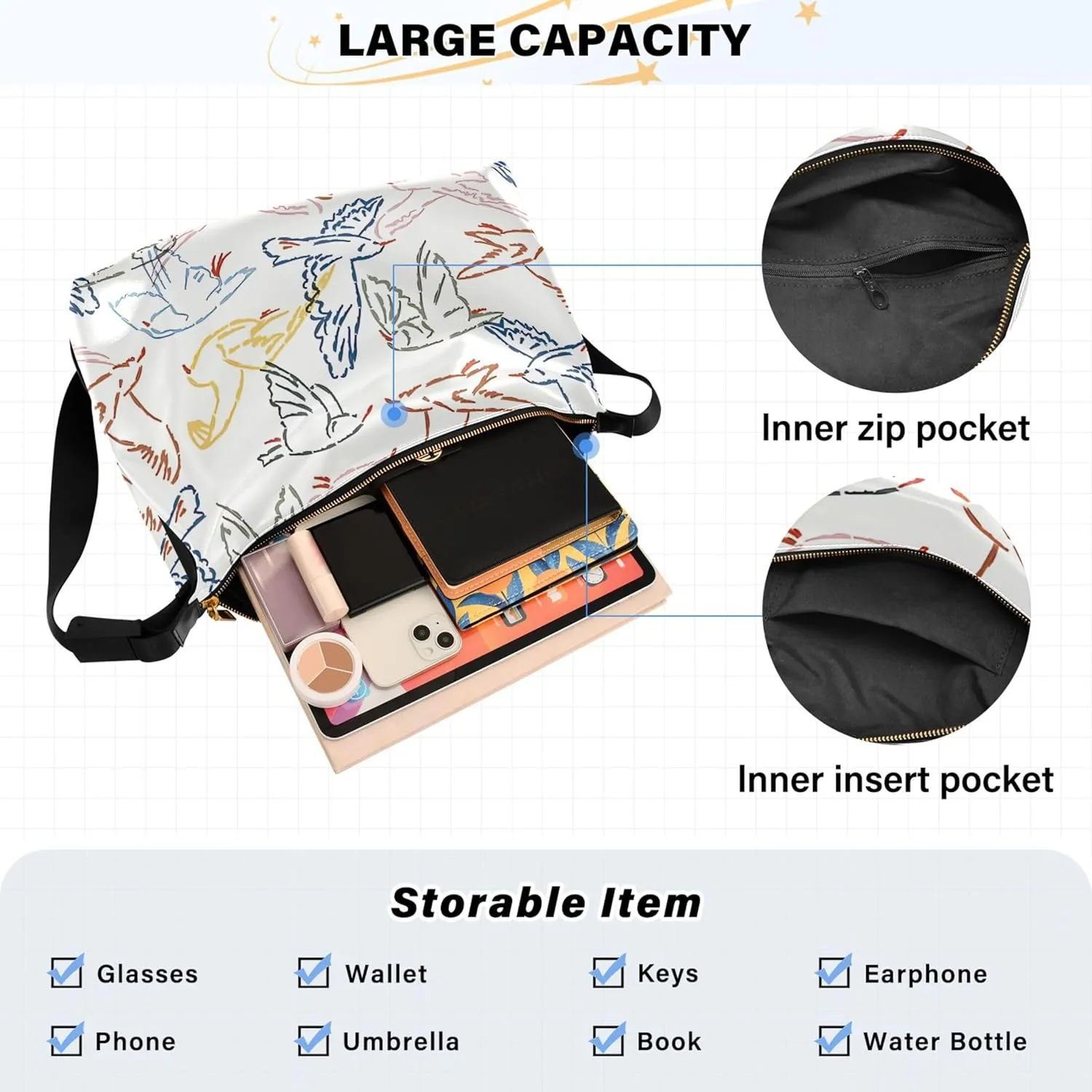 Artistic Line Cute Seagull Bird PU Leather Shoulder Bag Hobo Leather Purse Cute Animal Print Womens Hobo Handbags