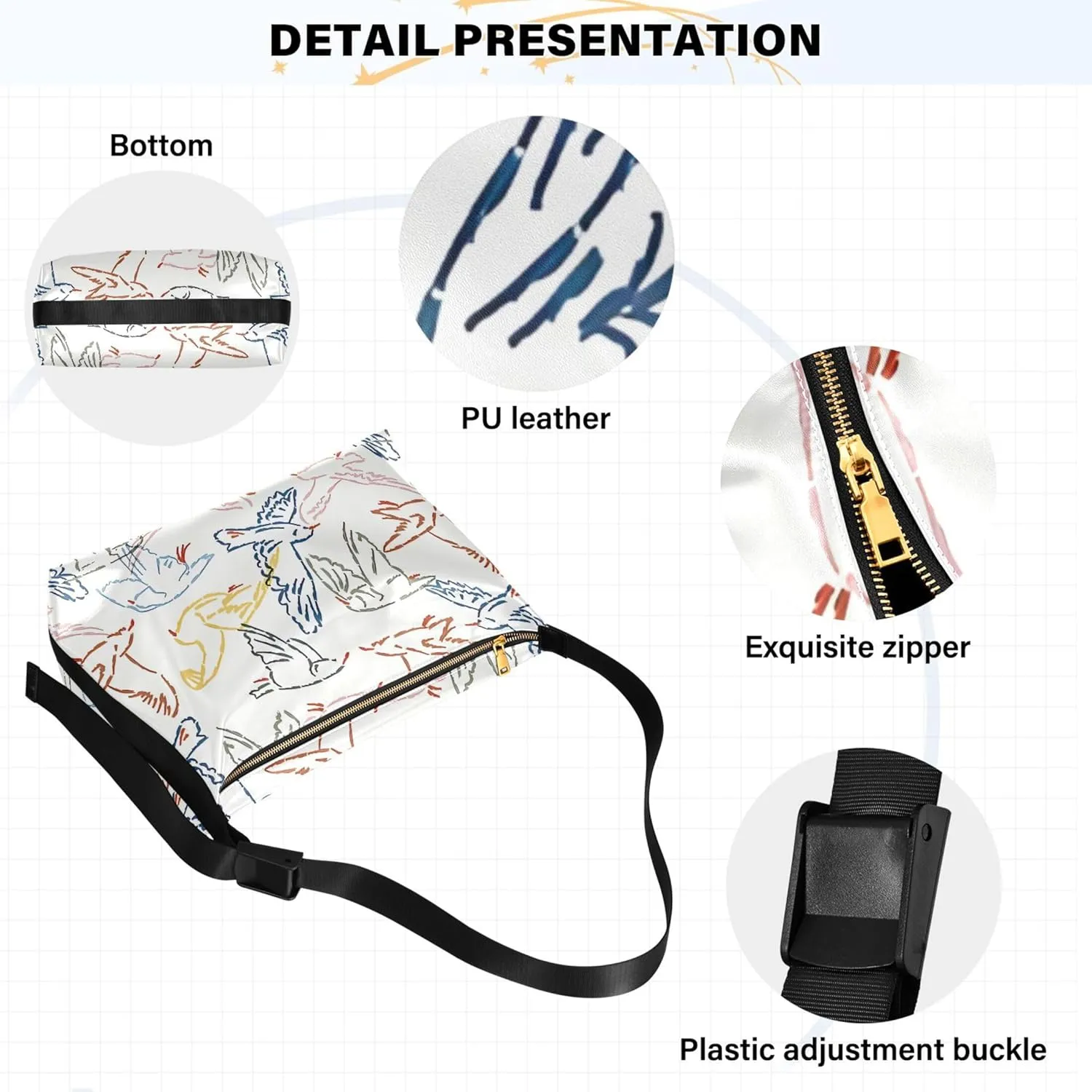 Artistic Line Cute Seagull Bird PU Leather Shoulder Bag Hobo Leather Purse Cute Animal Print Womens Hobo Handbags