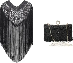 BABEYOND 1920s Shawl Wraps Long Fringed Evening Cape Sequin Beaded Party Shawl Evening Clutch Purses for Women Vintage Evening Bag Accessories for Women Gatsby 1920s Beaded Sequin Clutch