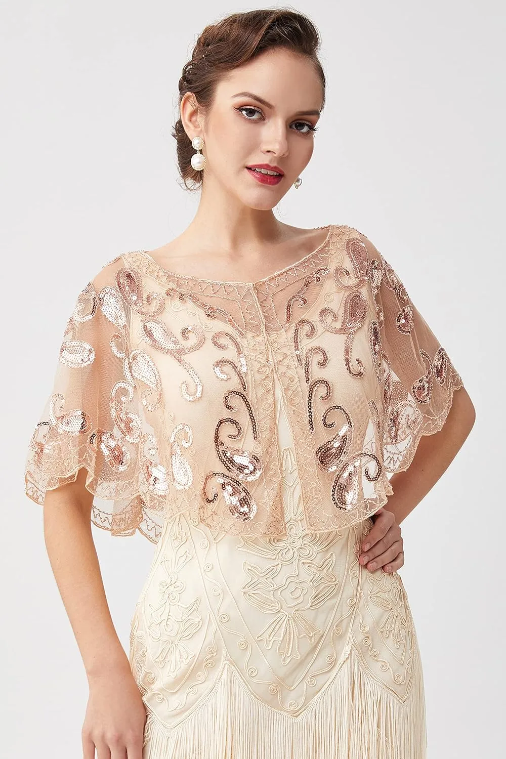 BABEYOND 1920s Shawl Wraps Sequin Beaded Evening Cape Bridal Shawl Bolero Flapper Cover Up