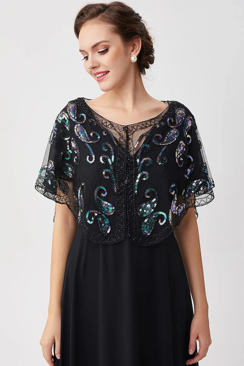 BABEYOND 1920s Shawl Wraps Sequin Beaded Evening Cape Bridal Shawl Bolero Flapper Cover Up