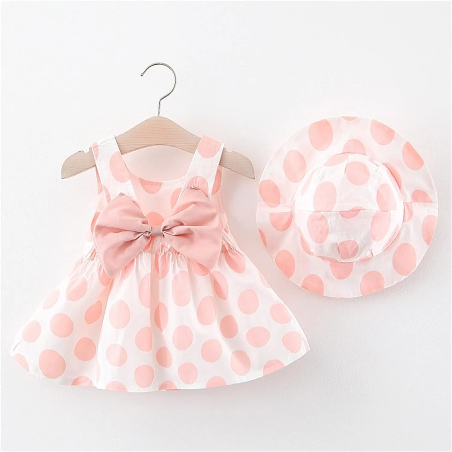 Baby Kids Girls Dot Print Dress Toddler Princess Dresses Big Bowknot Summer Backless Beach Sundress  Hat Set