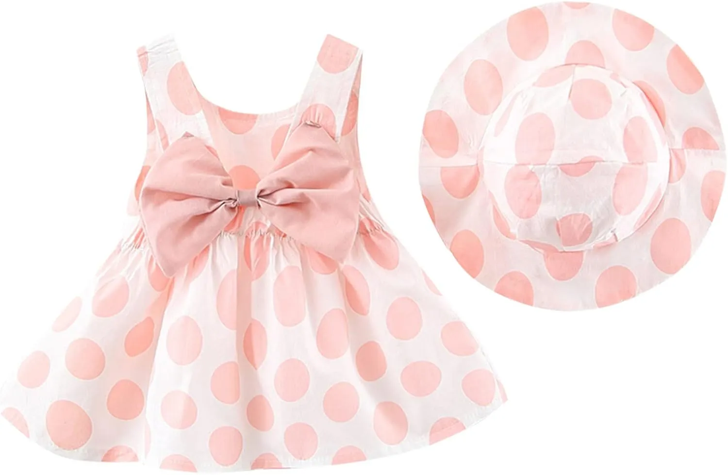 Baby Kids Girls Dot Print Dress Toddler Princess Dresses Big Bowknot Summer Backless Beach Sundress  Hat Set