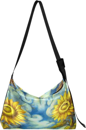 Baroque Artistic Sunflower Hobo Crossbody Bags for Women Leather Large Shoulder Bag Cross Body Trendy Womens Tote Bags Handbag for Travel Shopping