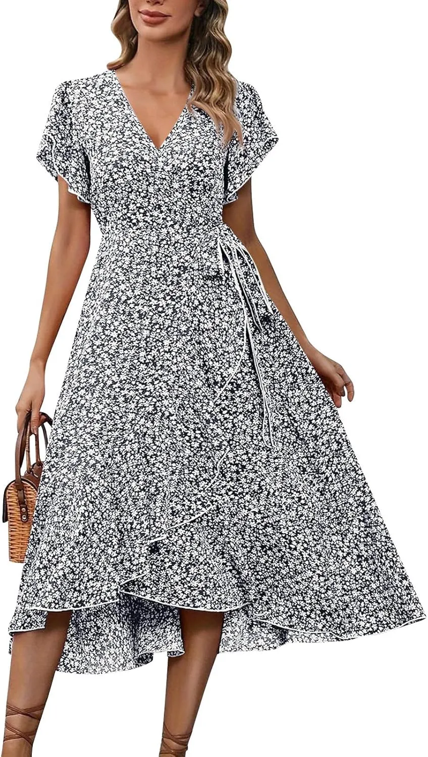 BAXLIMEK Floral Dress for Women,2025 Summer Elegant V Neck Short Sleeve Midi Dress Flowy Ruffle Irregular Hem Boho Sundress