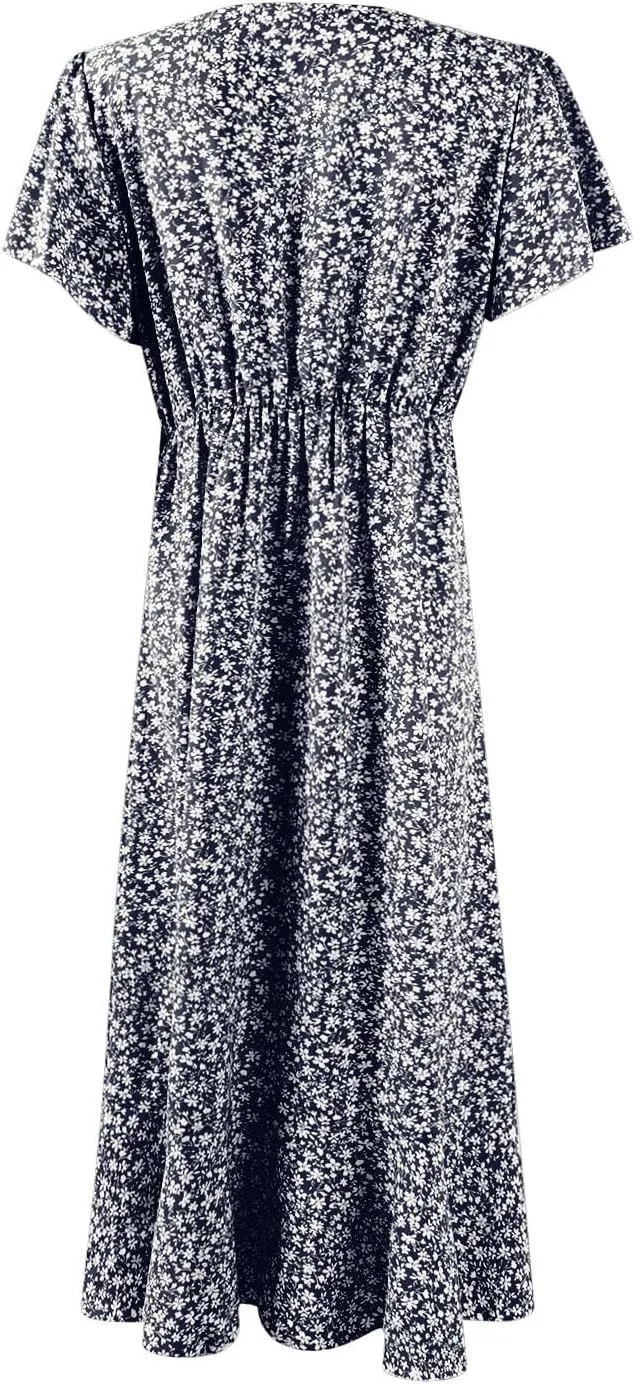 BAXLIMEK Floral Dress for Women,2025 Summer Elegant V Neck Short Sleeve Midi Dress Flowy Ruffle Irregular Hem Boho Sundress