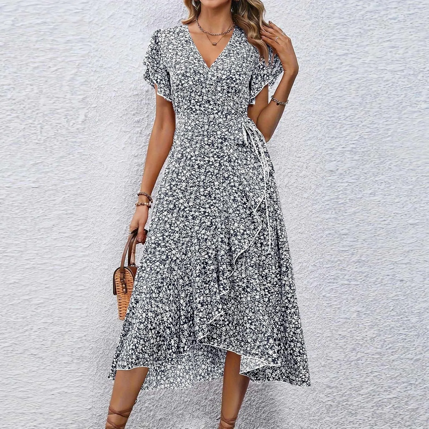 BAXLIMEK Floral Dress for Women,2025 Summer Elegant V Neck Short Sleeve Midi Dress Flowy Ruffle Irregular Hem Boho Sundress