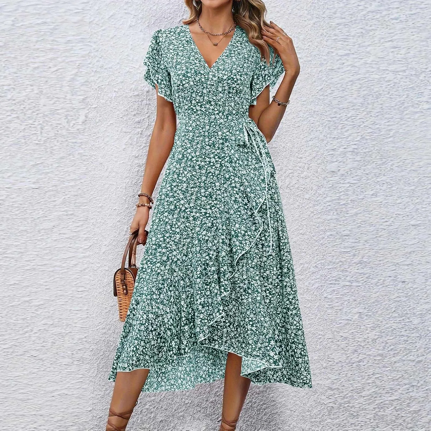 BAXLIMEK Floral Dress for Women,2025 Summer Elegant V Neck Short Sleeve Midi Dress Flowy Ruffle Irregular Hem Boho Sundress