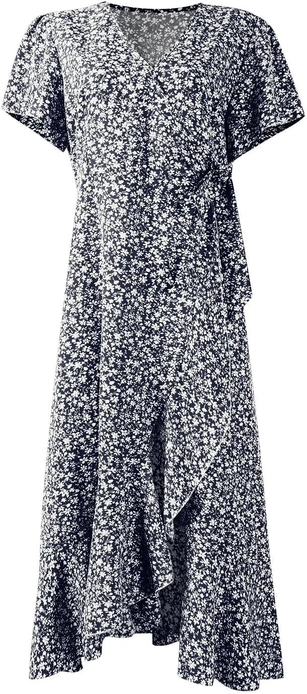 BAXLIMEK Floral Dress for Women,2025 Summer Elegant V Neck Short Sleeve Midi Dress Flowy Ruffle Irregular Hem Boho Sundress