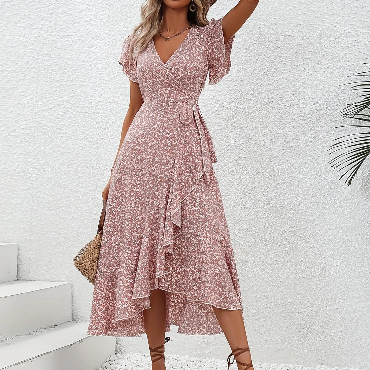 BAXLIMEK Floral Dress for Women,2025 Summer Elegant V Neck Short Sleeve Midi Dress Flowy Ruffle Irregular Hem Boho Sundress