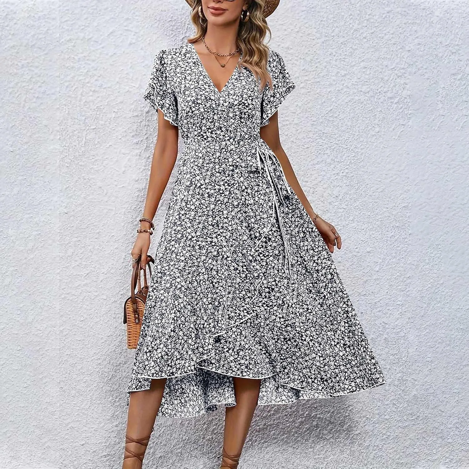 BAXLIMEK Floral Dress for Women,2025 Summer Elegant V Neck Short Sleeve Midi Dress Flowy Ruffle Irregular Hem Boho Sundress