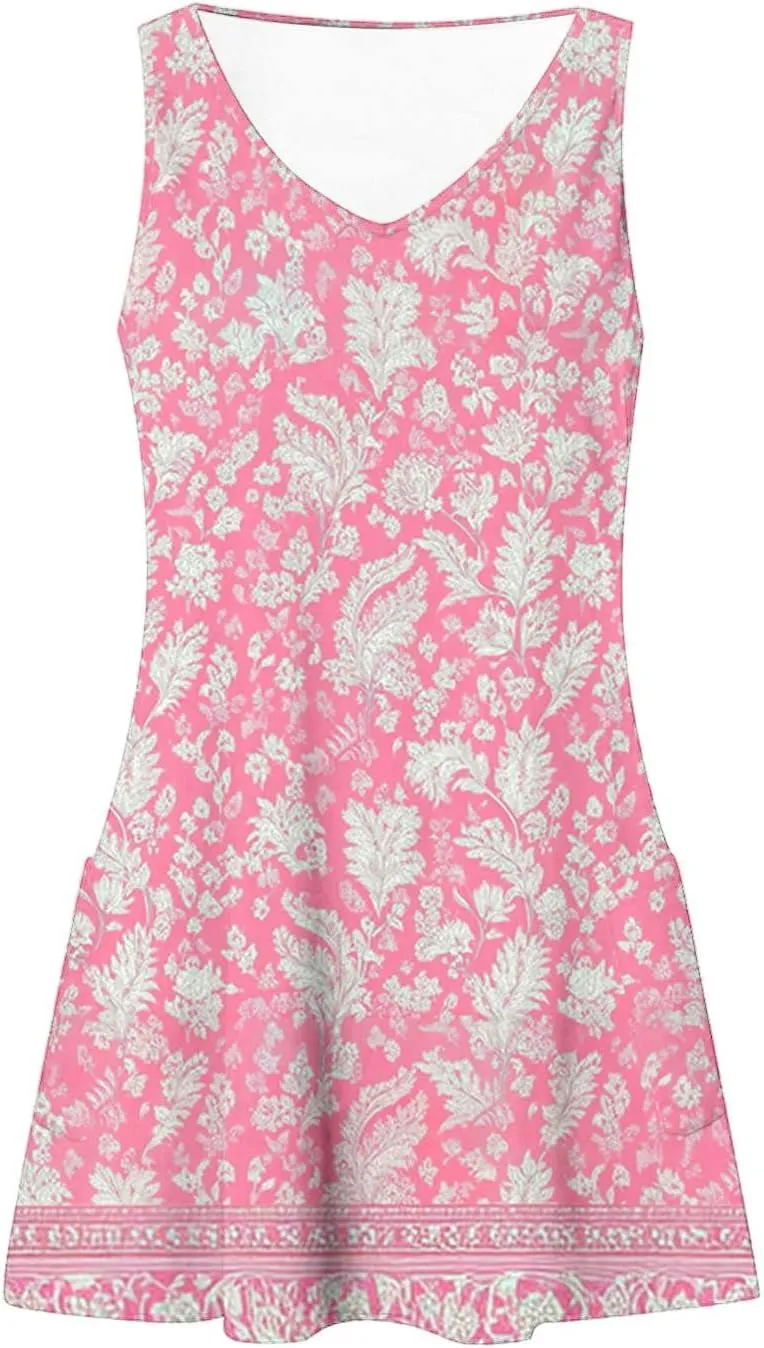 Beach Vacation Sundress for Women 2025 Summer Casual Dresses with Pockets Floral Print V Neck Loose Tank Dresses
