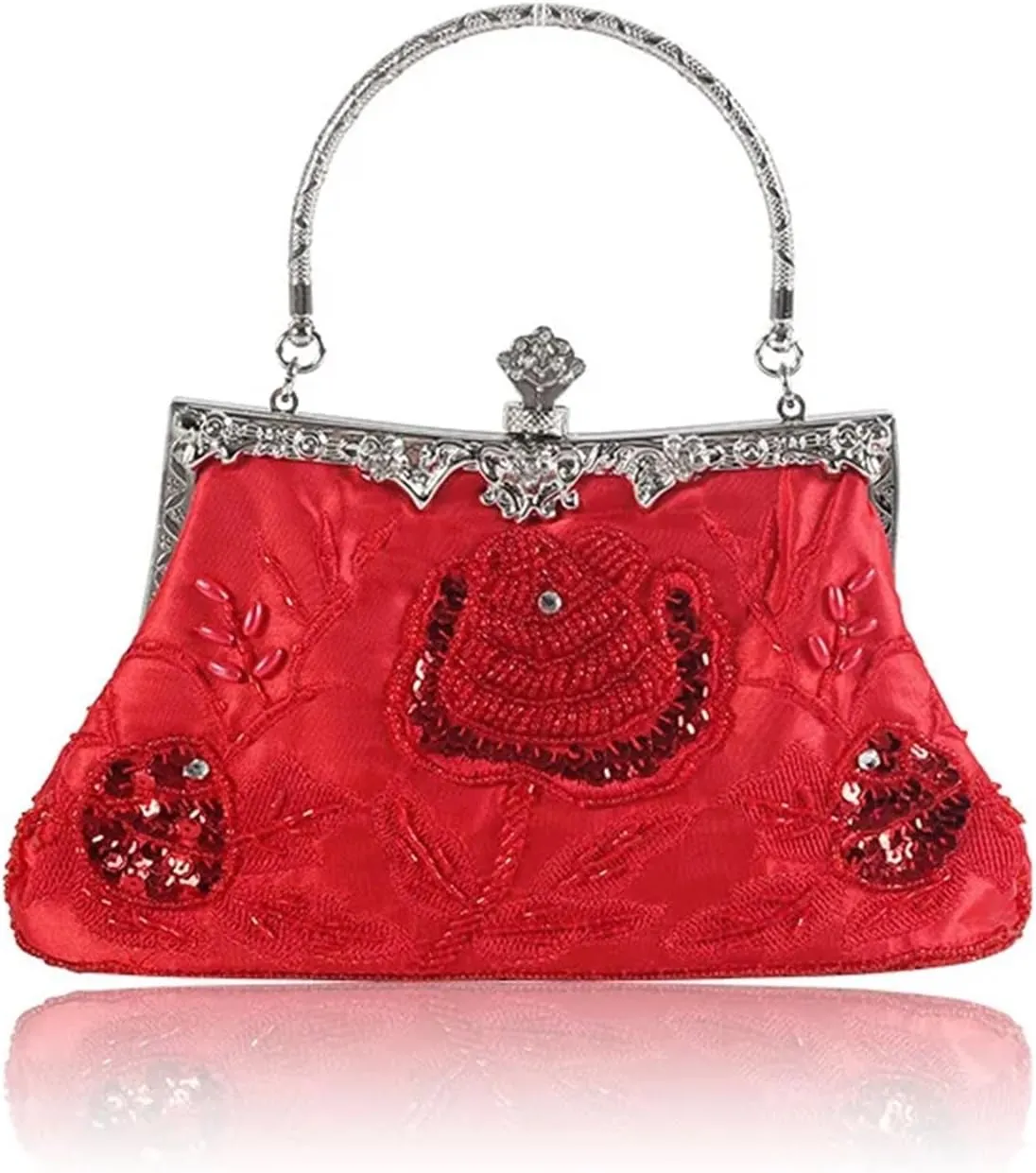 Beaded Clutch Bead Embroidery Women Evening Bag Diamonds Shell Lady Small Day Clutches Party Dinner Bag Wedding Bridal Pearl Handbags Purse(Red)