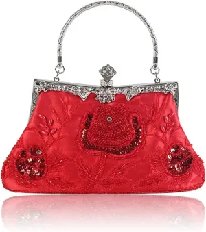Beaded Clutch Bead Embroidery Women Evening Bag Diamonds Shell Lady Small Day Clutches Party Dinner Bag Wedding Bridal Pearl Handbags Purse(Red)