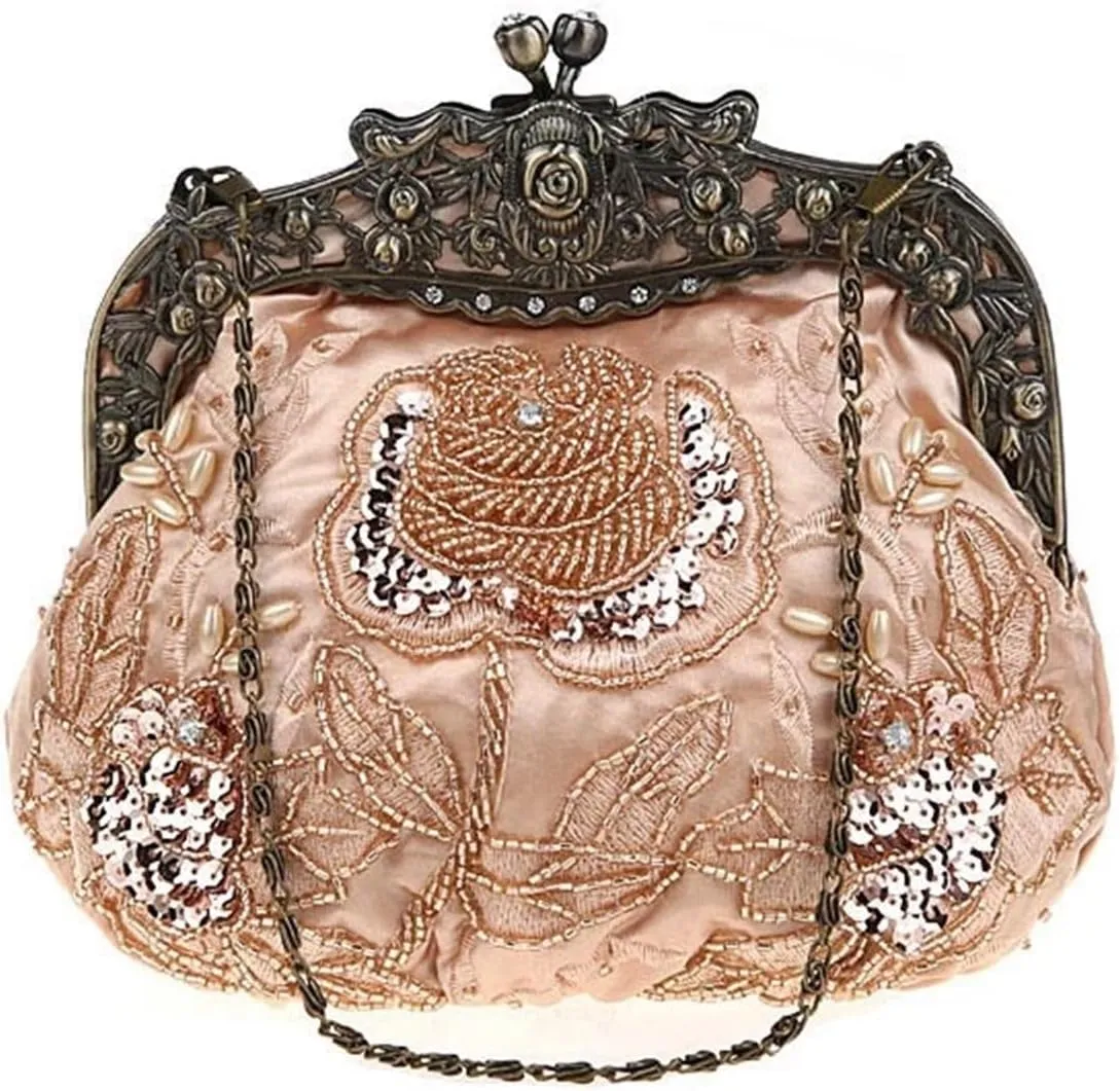 Beaded Clutch Beaded Evening Bag Retro Embroidery Bags Luxury Purses and Handbags Bead Bag Sequins Clutch Purse Chains Shoulder Evening Bag(Champagne)