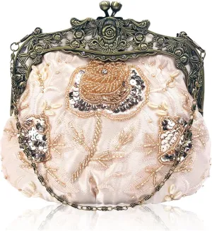 Beaded Clutch Beaded Evening Bag Retro Embroidery Bags Luxury Purses and Handbags Bead Bag Sequins Clutch Purse Chains Shoulder Evening Bag(Champagne)