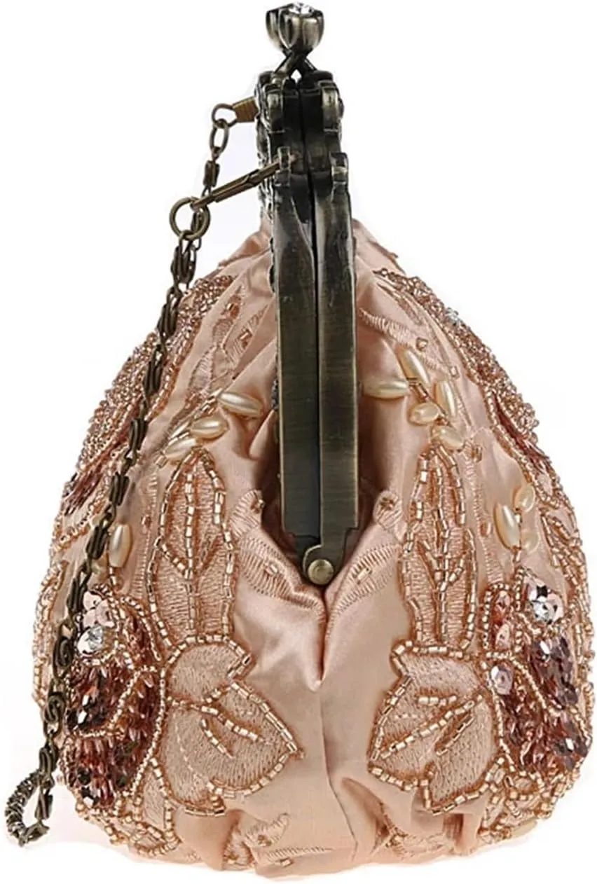 Beaded Clutch Beaded Evening Bag Retro Embroidery Bags Luxury Purses and Handbags Bead Bag Sequins Clutch Purse Chains Shoulder Evening Bag(Champagne)