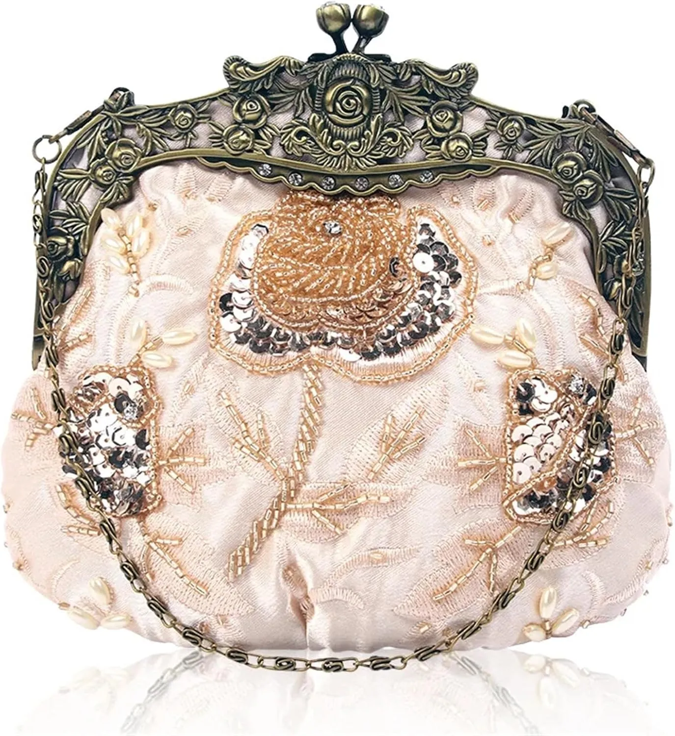 Beaded Clutch Beaded Evening Bag Retro Embroidery Bags Luxury Purses and Handbags Bead Bag Sequins Clutch Purse Chains Shoulder Evening Bag(Champagne)