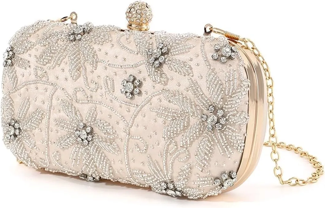 Beaded Clutch Shiny Mini Handmake Diamond-Studded Rhinestones Beaded Flower Pattern Hand Party Wedding Evening Clutch Bag(Sliver)