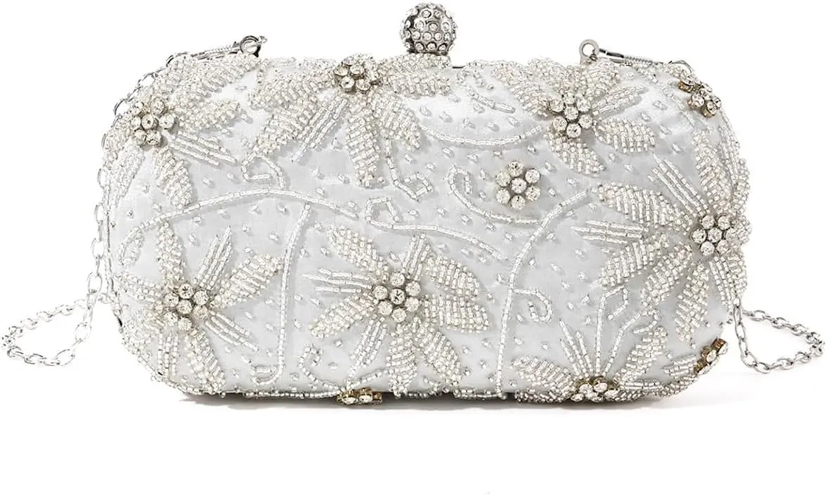 Beaded Clutch Shiny Mini Handmake Diamond-Studded Rhinestones Beaded Flower Pattern Hand Party Wedding Evening Clutch Bag(Sliver)