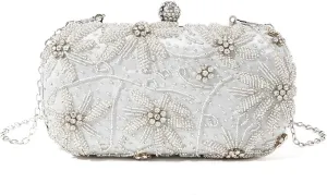Beaded Clutch Shiny Mini Handmake Diamond-Studded Rhinestones Beaded Flower Pattern Hand Party Wedding Evening Clutch Bag(Sliver)