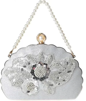 Beaded Clutch Women Flower Crystal Design Shell Pearl Handheld Handbags Rhinestone Evening Clutch Bag Luxury Wedding Shoulder Bag(Silver)
