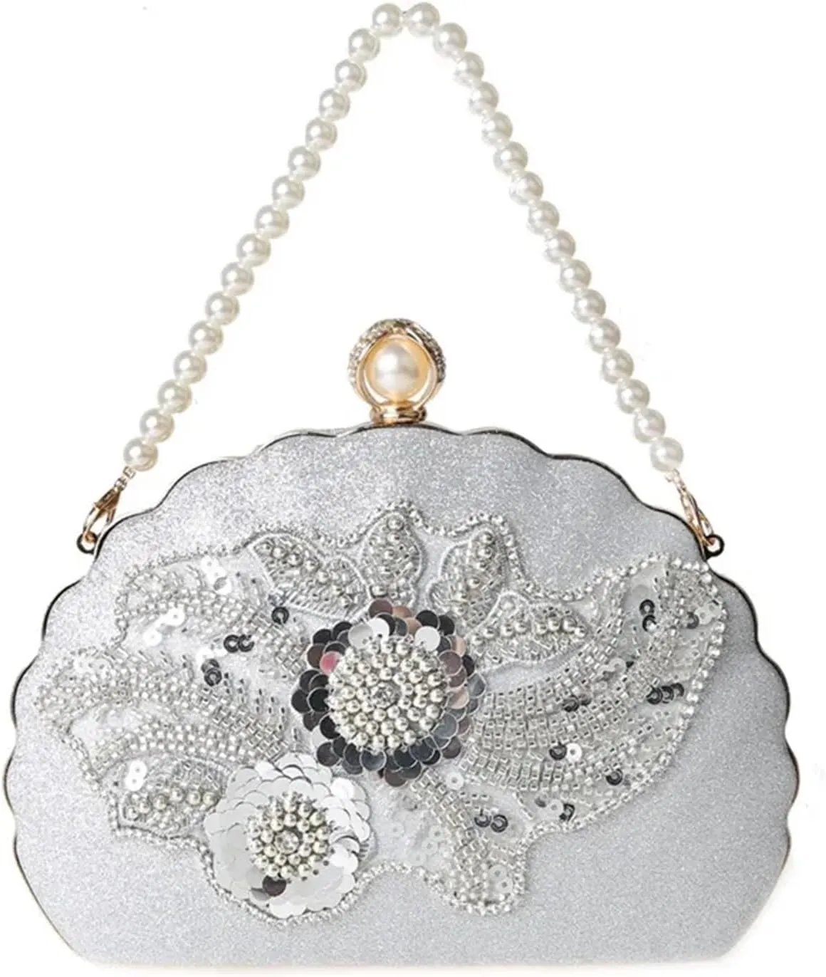 Beaded Clutch Women Flower Crystal Design Shell Pearl Handheld Handbags Rhinestone Evening Clutch Bag Luxury Wedding Shoulder Bag(Silver)