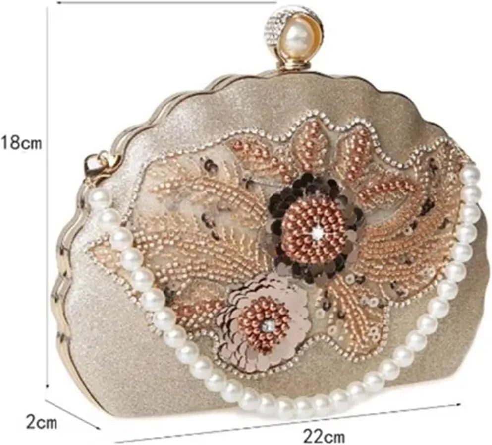Beaded Clutch Women Flower Crystal Design Shell Pearl Handheld Handbags Rhinestone Evening Clutch Bag Luxury Wedding Shoulder Bag(Silver)