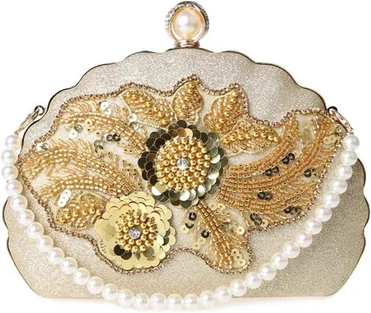 Beaded Clutch Women Flower Crystal Design Shell Pearl Handheld Handbags Rhinestone Evening Clutch Bag Luxury Wedding Shoulder Bag(Silver)