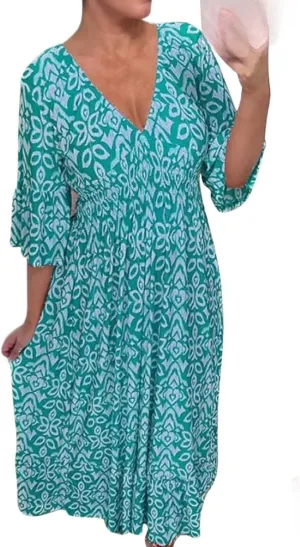 Bohemian Casual Print V-Neck Waist Wrap Long Dress, Plus Size Summer V Neck Floral Dress for Women, Bohemian 3/4 Sleeve