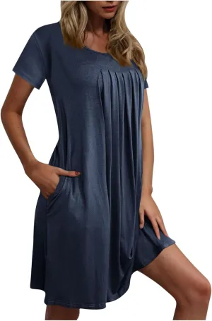 Borniu Women's Summer Casual T Shirt Dresses Short Sleeve Swing Dress with Pocket Fashion Casual Beach Vacation Mini Dresses