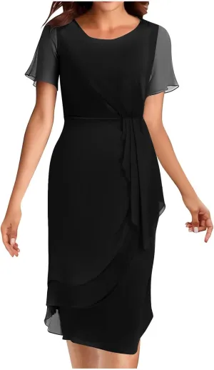 Bridesmaid Evening Dress Womens Elegant Chiffon Mesh Patchwork Short Sleeve Waist Irregular Hem Cocktail Party Gown