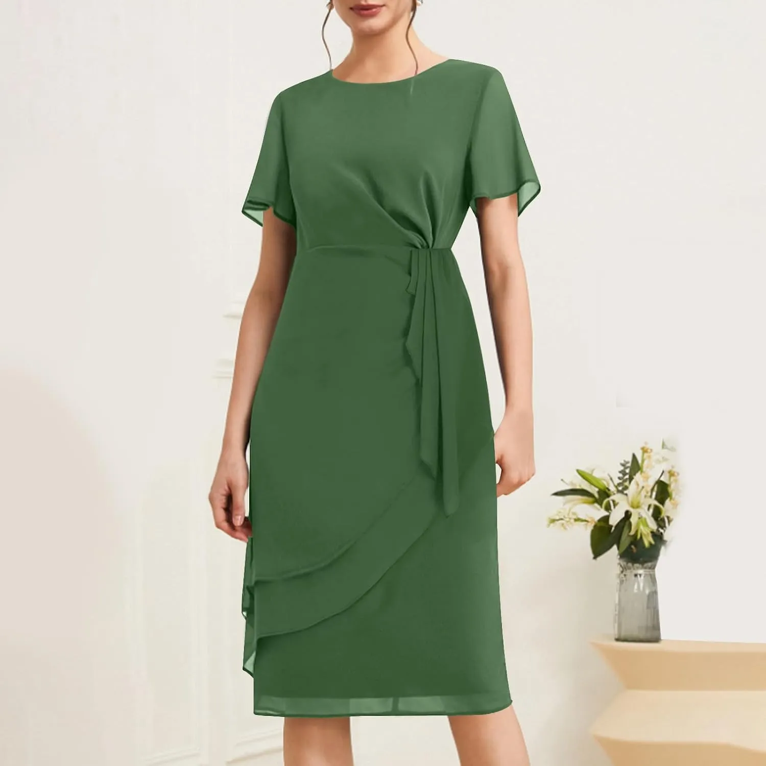 Bridesmaid Evening Dress Womens Elegant Chiffon Mesh Patchwork Short Sleeve Waist Irregular Hem Cocktail Party Gown