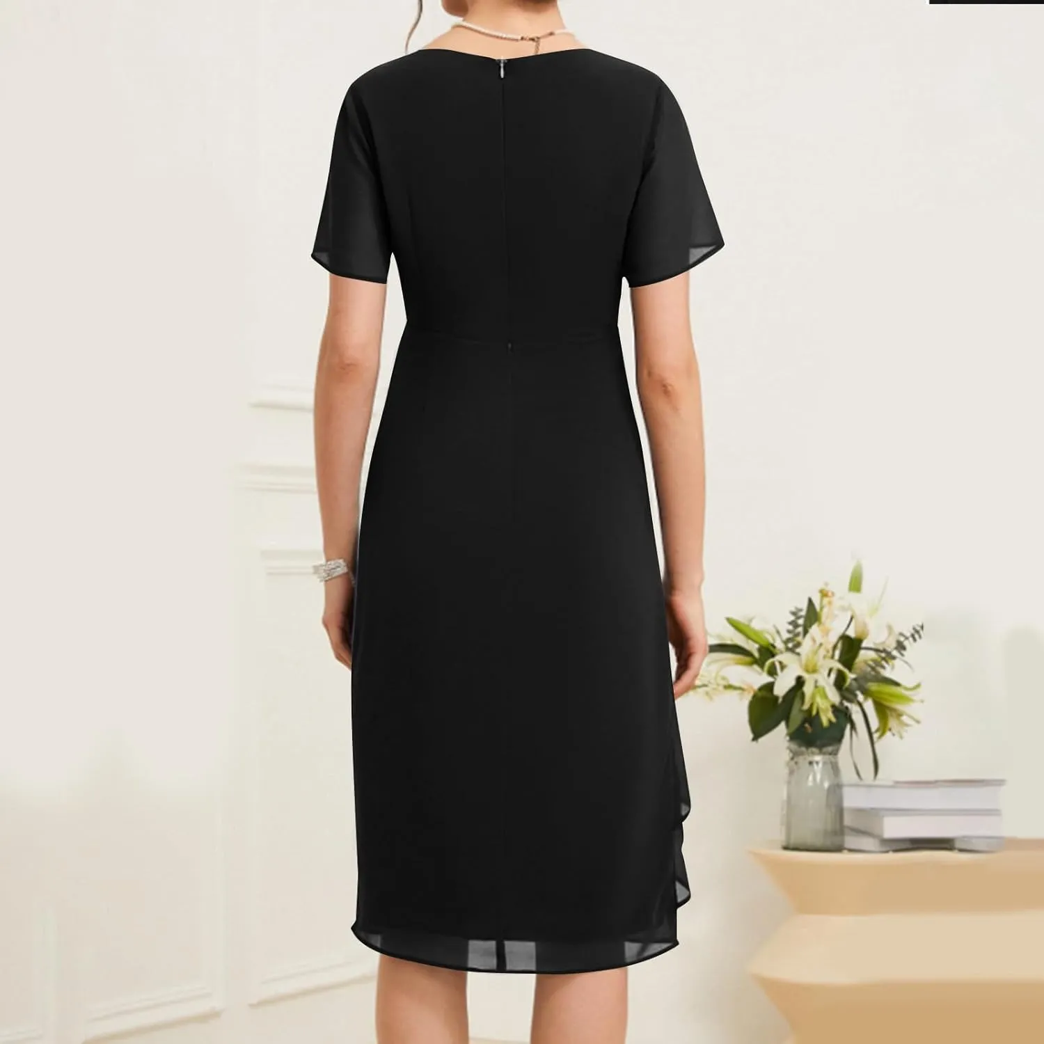 Bridesmaid Evening Dress Womens Elegant Chiffon Mesh Patchwork Short Sleeve Waist Irregular Hem Cocktail Party Gown
