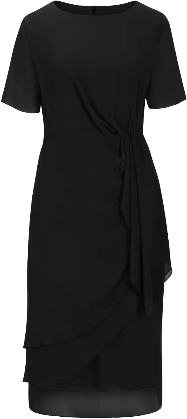 Bridesmaid Evening Dress Womens Elegant Chiffon Mesh Patchwork Short Sleeve Waist Irregular Hem Cocktail Party Gown