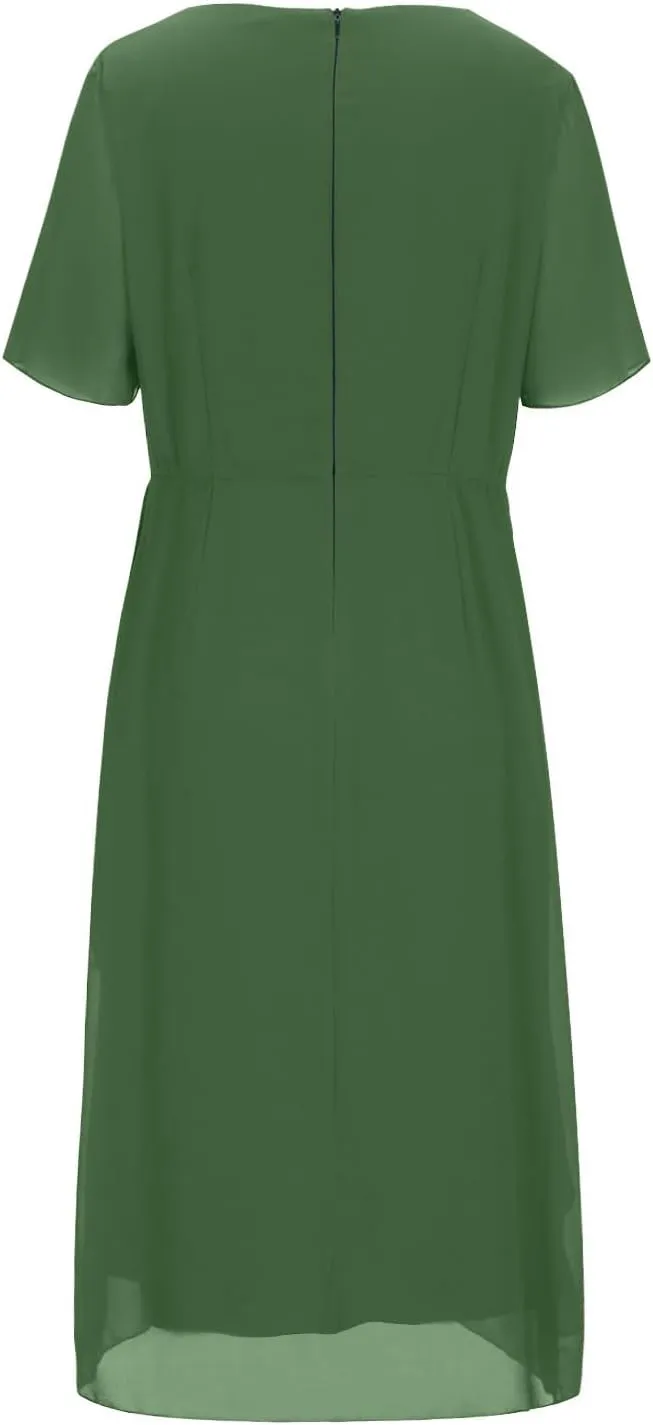 Bridesmaid Evening Dress Womens Elegant Chiffon Mesh Patchwork Short Sleeve Waist Irregular Hem Cocktail Party Gown