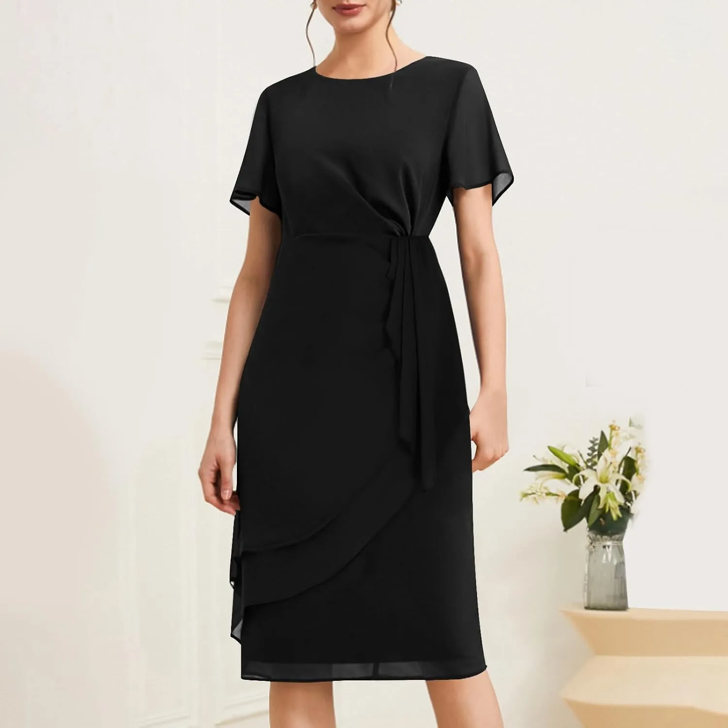Bridesmaid Evening Dress Womens Elegant Chiffon Mesh Patchwork Short Sleeve Waist Irregular Hem Cocktail Party Gown