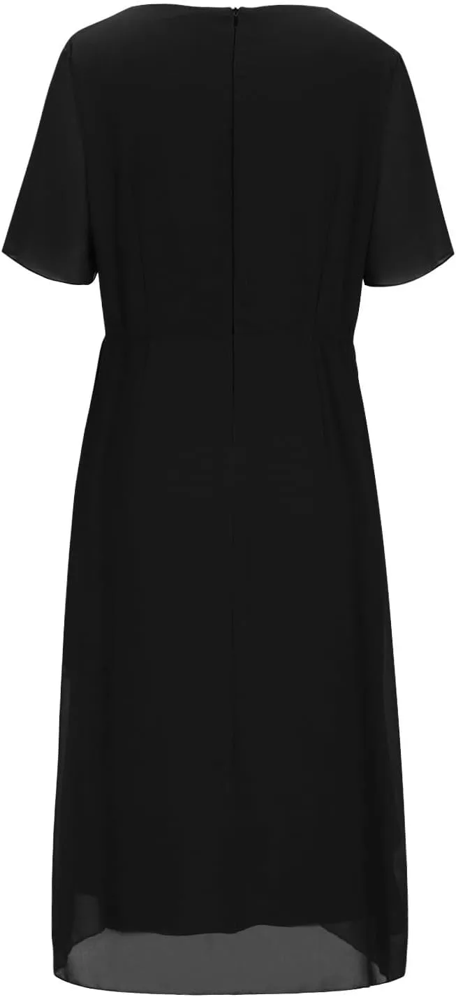 Bridesmaid Evening Dress Womens Elegant Chiffon Mesh Patchwork Short Sleeve Waist Irregular Hem Cocktail Party Gown