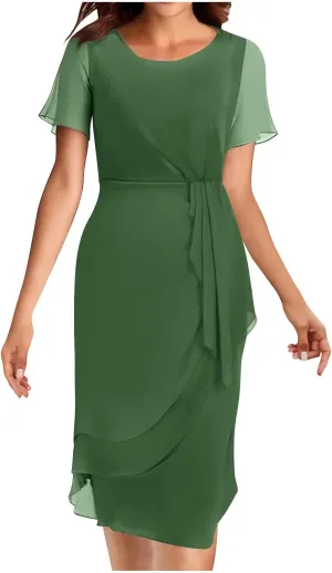 Bridesmaid Evening Dress Womens Elegant Chiffon Mesh Patchwork Short Sleeve Waist Irregular Hem Cocktail Party Gown