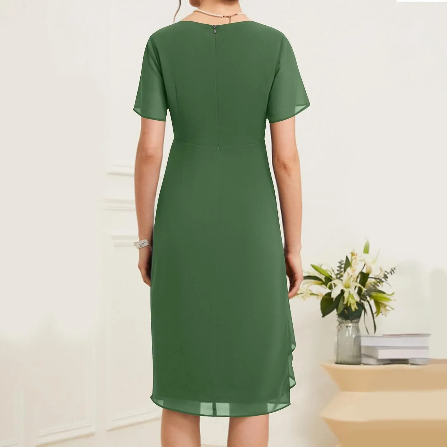 Bridesmaid Evening Dress Womens Elegant Chiffon Mesh Patchwork Short Sleeve Waist Irregular Hem Cocktail Party Gown