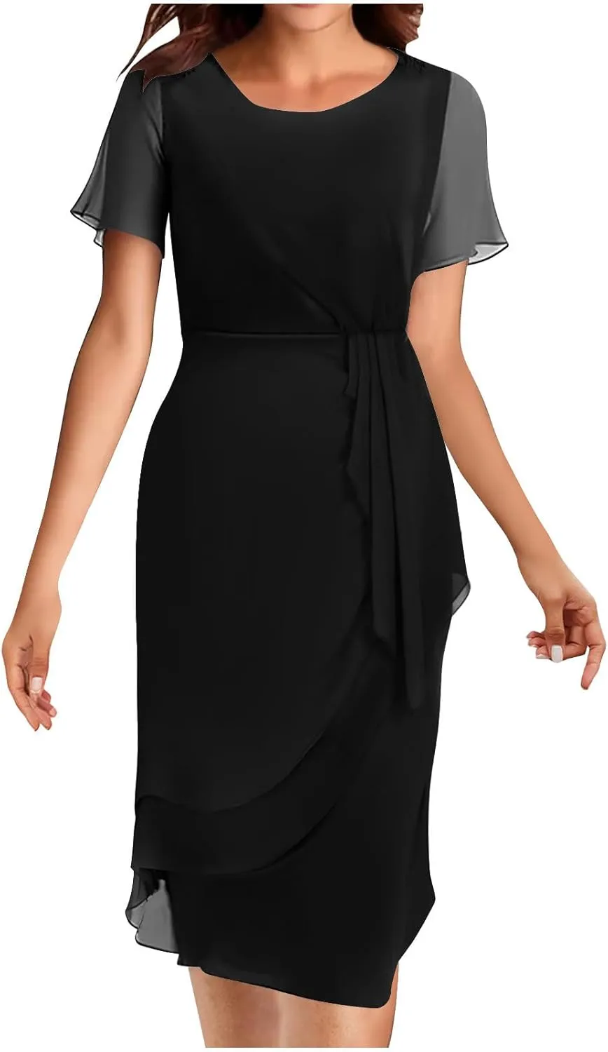 Bridesmaid Evening Dress Womens Elegant Chiffon Mesh Patchwork Short Sleeve Waist Irregular Hem Cocktail Party Gown