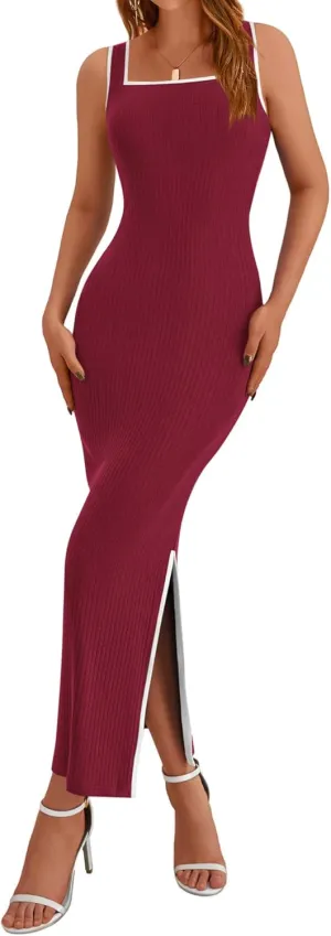 BTFBM Women's 2025 Summer Knit Bodycon Maxi Dress Sleeveless Square Neck Slit Tank Party Club Ribbed Sweater Dresses