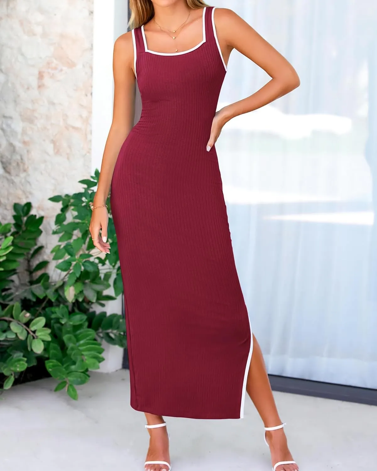 BTFBM Women's 2025 Summer Knit Bodycon Maxi Dress Sleeveless Square Neck Slit Tank Party Club Ribbed Sweater Dresses