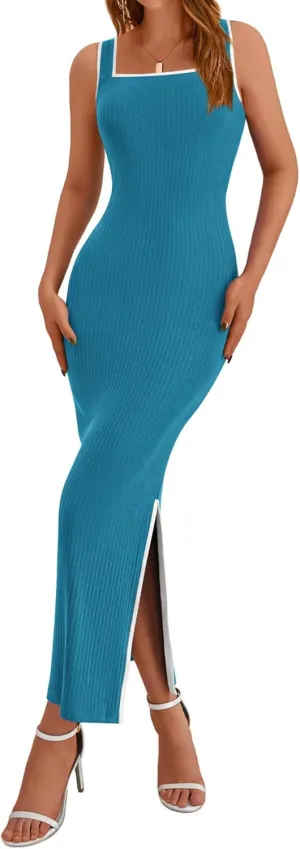 BTFBM Women's 2025 Summer Knit Bodycon Maxi Dress Sleeveless Square Neck Slit Tank Party Club Ribbed Sweater Dresses