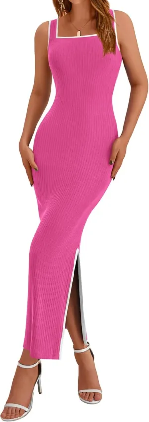 BTFBM Women's 2025 Summer Knit Bodycon Maxi Dress Sleeveless Square Neck Slit Tank Party Club Ribbed Sweater Dresses